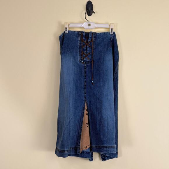 Vintage Y2k Blue Denim Knee Length Skirt With Floral Detail Vanilla Size Small - Picture 1 of 7